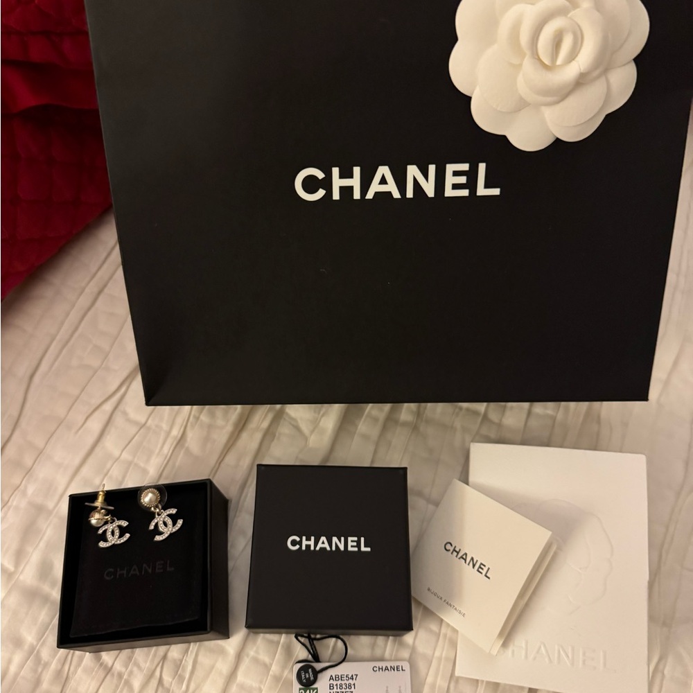 Authentic Chanel Gold and Silver Logo Earrings